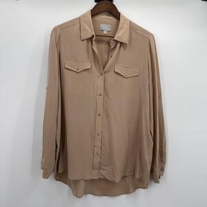 Pure Collection Blouse Womens 8 Beige Silk Button Front Tunic Top Long Sleeve